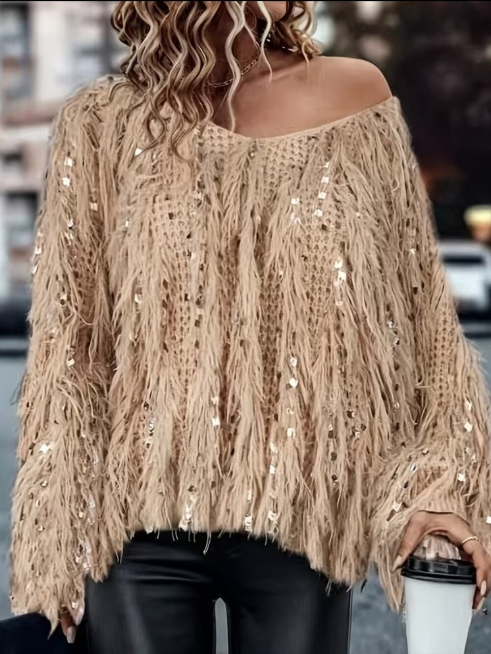 Adorable!  Light Weight Beige Fringe Sequin Knit Off-Shoulder Sweater